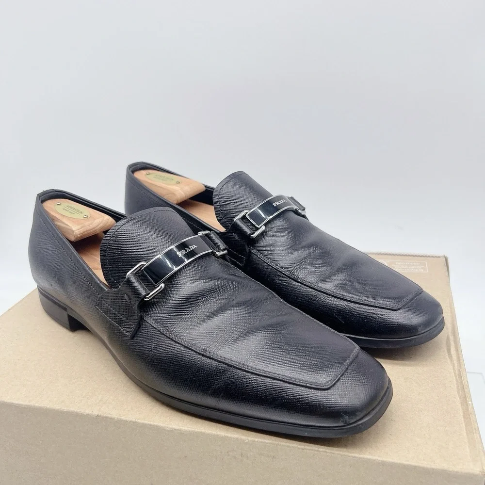 Prada Saffiano Logo Men's Loafer Dress Shoes Black Leather 2DC215 EU 40.5 US 8.5